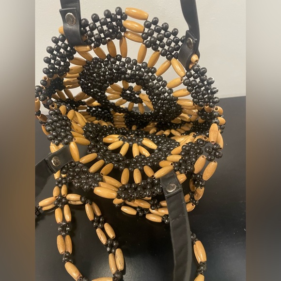 Handcrafted Beaded Black and Tan Round Bag - Picture 3 of 5